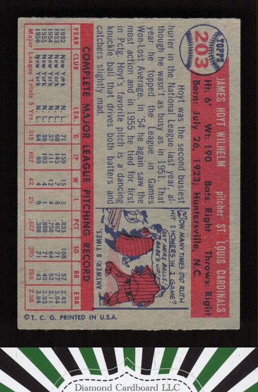 1957 Topps #203 Hoyt Wilhelm VGEX+ f, back