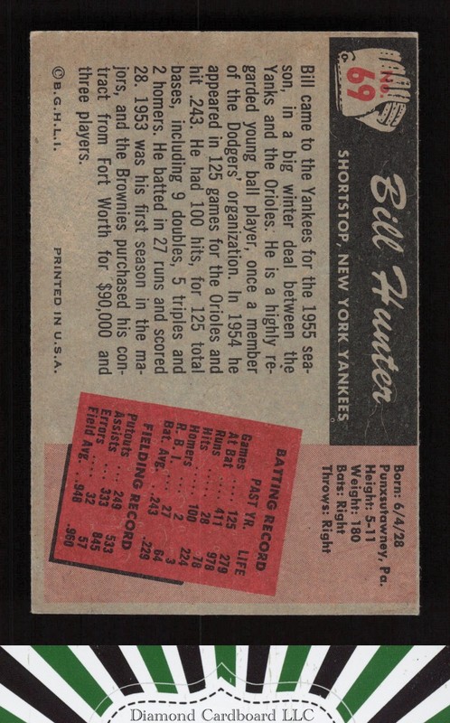 1955 Bowman #69 Billy Hunter VGEX, back