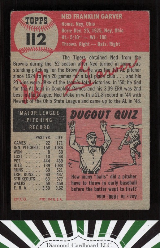 1953 Topps #112 Ned Garver : Bio uses white text VGEX (MC) b, back