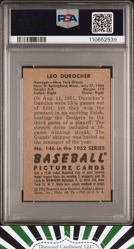 1952 Bowman #146 Leo Durocher PSA 4, back