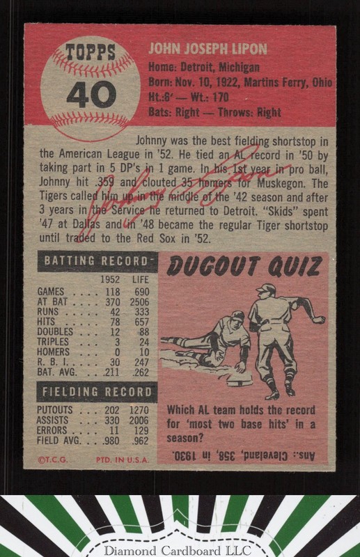 1953 Topps #40 Johnny Lipon EX h, back