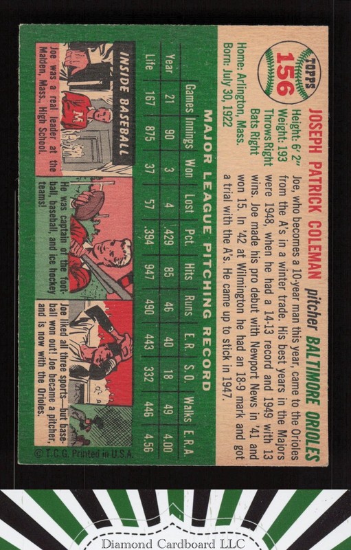 1954 Topps #156 Joe Coleman EX h, back