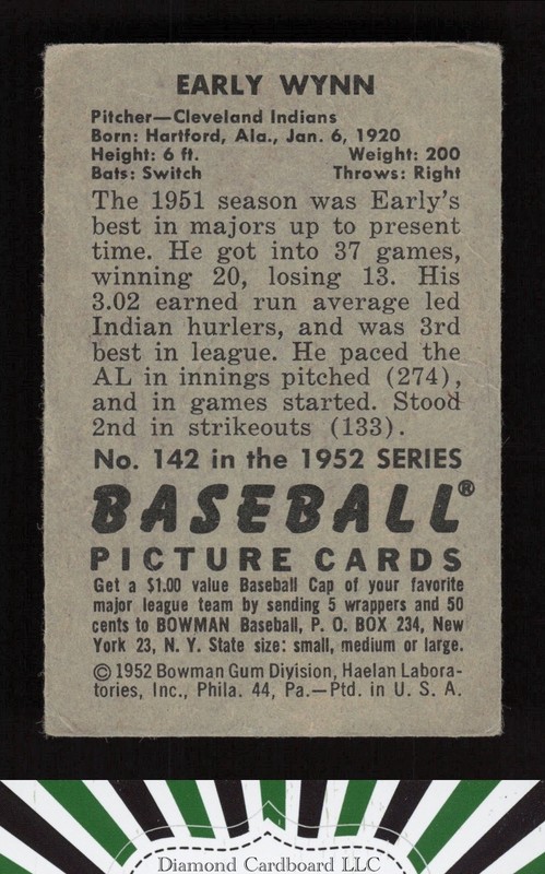 1952 Bowman #142 Early Wynn VG, back