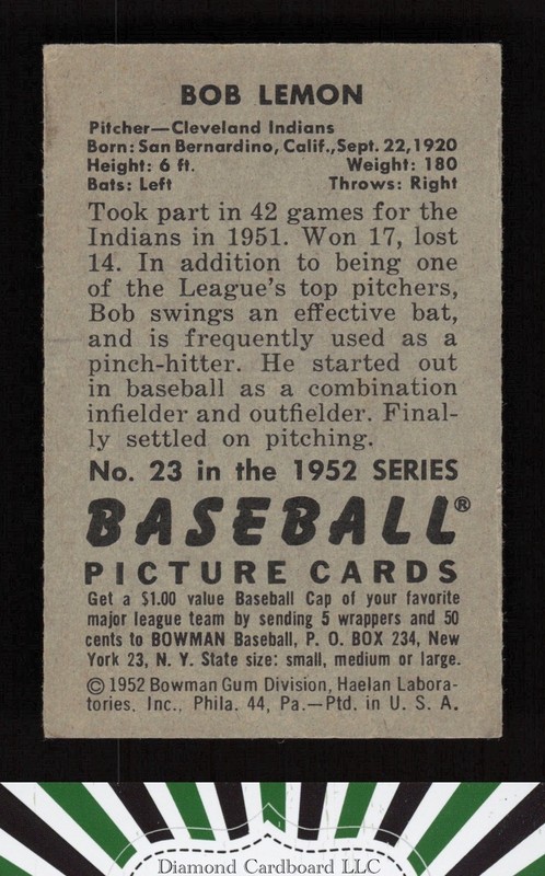 1952 Bowman #23 Bob Lemon PR [GREAT EYE APPEAL] c, back