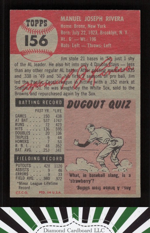 1953 Topps #156 Jim Rivera : Bio uses white text EXMT+ g, back