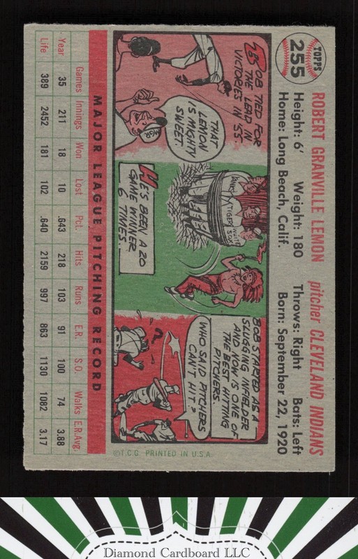 1956 Topps #255 Bob Lemon EX k, back