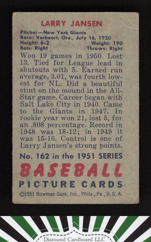 1951 Bowman #162 Larry Jansen VG, back