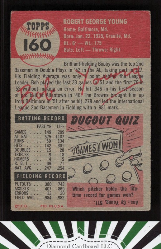 1953 Topps #160 Bobby Young : Bio uses white text VG b, back