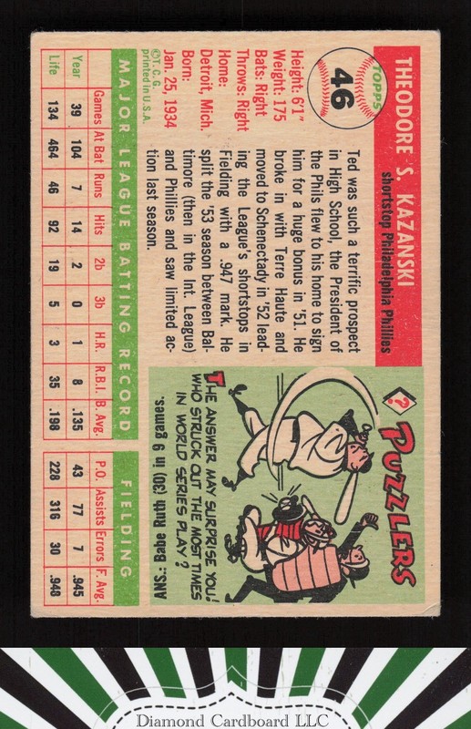 1955 Topps #46 Ted Kazanski VGEX a, back
