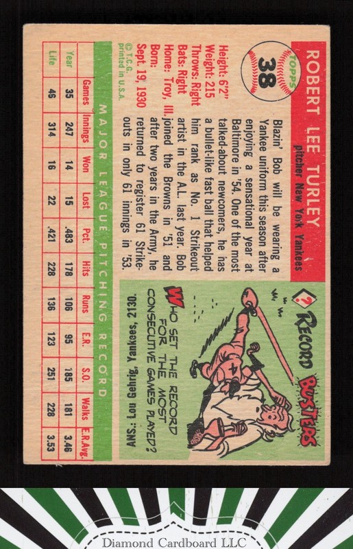 1955 Topps #38 Bob Turley VG j, back