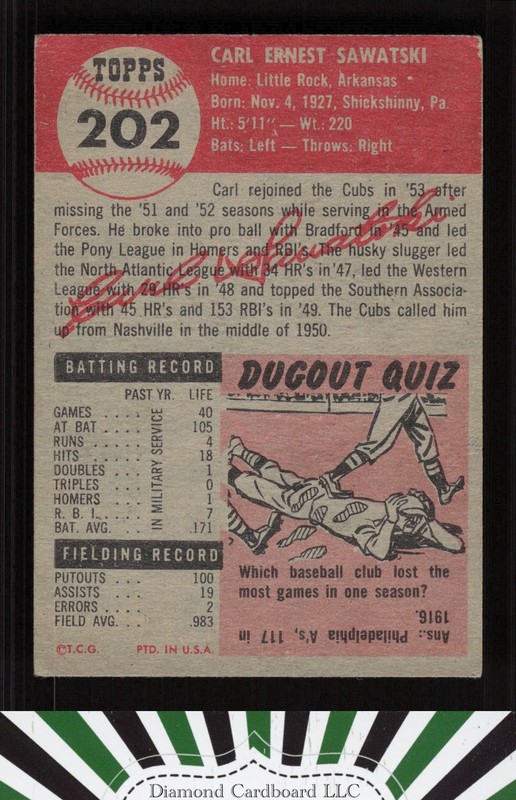 1953 Topps #202 Carl Sawatski VGEX [GOOD CENTERING] b, back