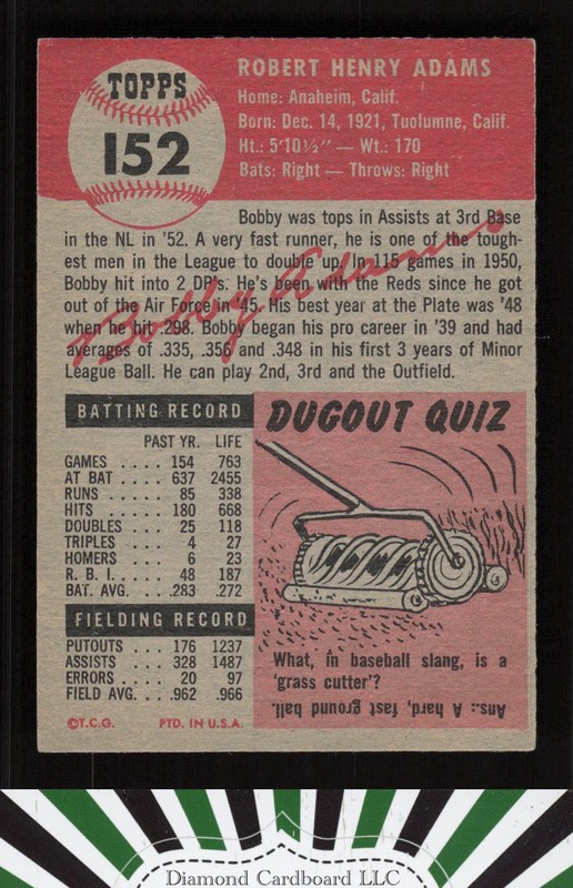 1953 Topps #152 Bobby Adams : Bio uses white text EX+ [CENTERED] f, back