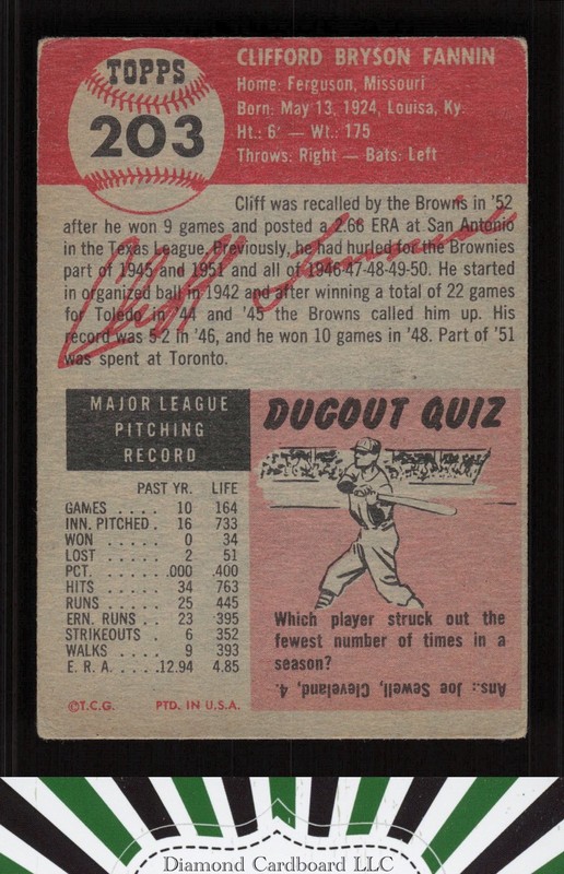 1953 Topps #203 Cliff Fannin GD+ a, back