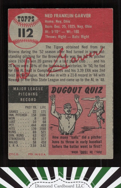 1953 Topps #112 Ned Garver : Bio uses white text VGEX, back