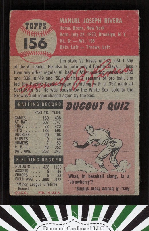 1953 Topps #156 Jim Rivera : Bio uses white text GD a, back