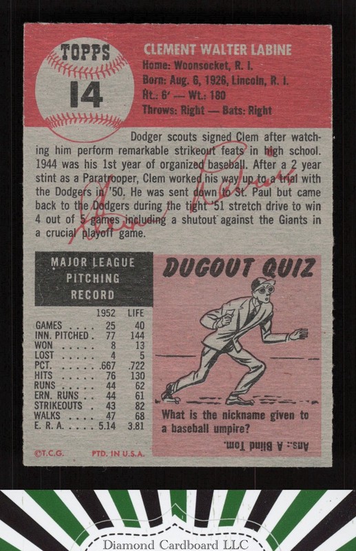 1953 Topps #14 Clem Labine EX g, back