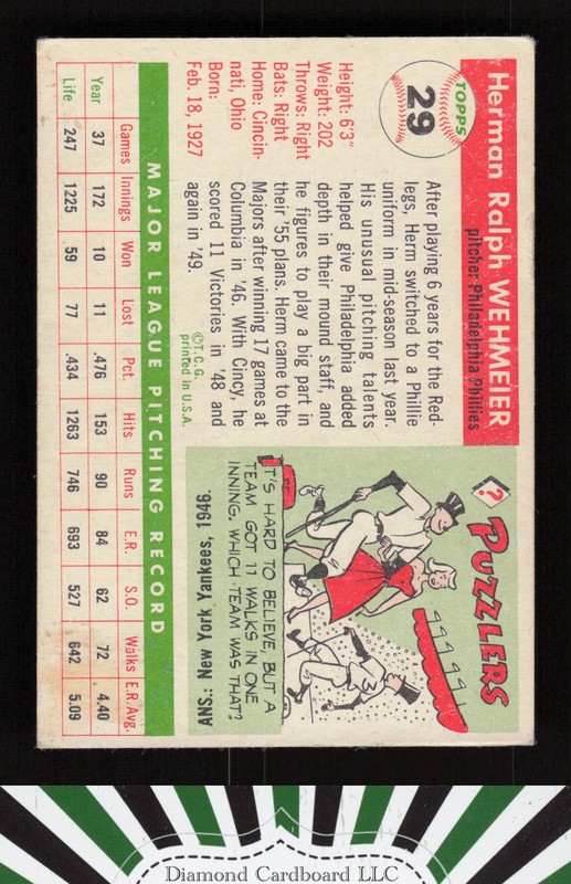 1955 Topps #29 Herman Wehmeier VGEX+ e, back