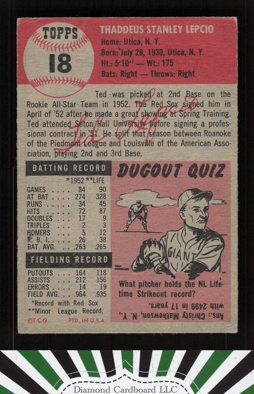 1953 Topps #18 Ted Lepcio GD [GREAT CENTERING] a, back