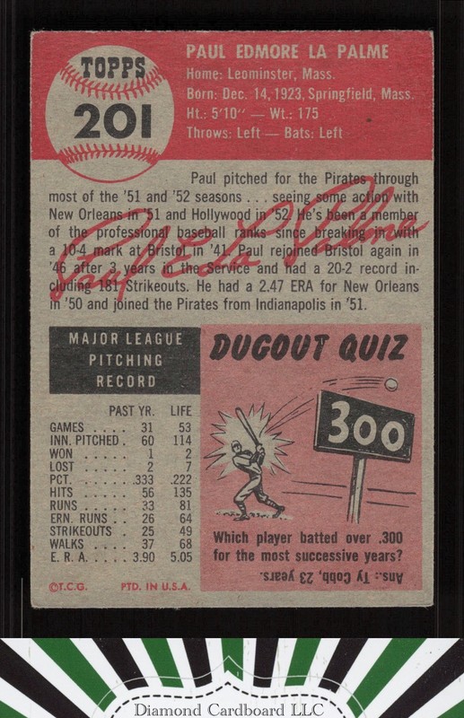 1953 Topps #201 Paul LaPalme VGEX f, back