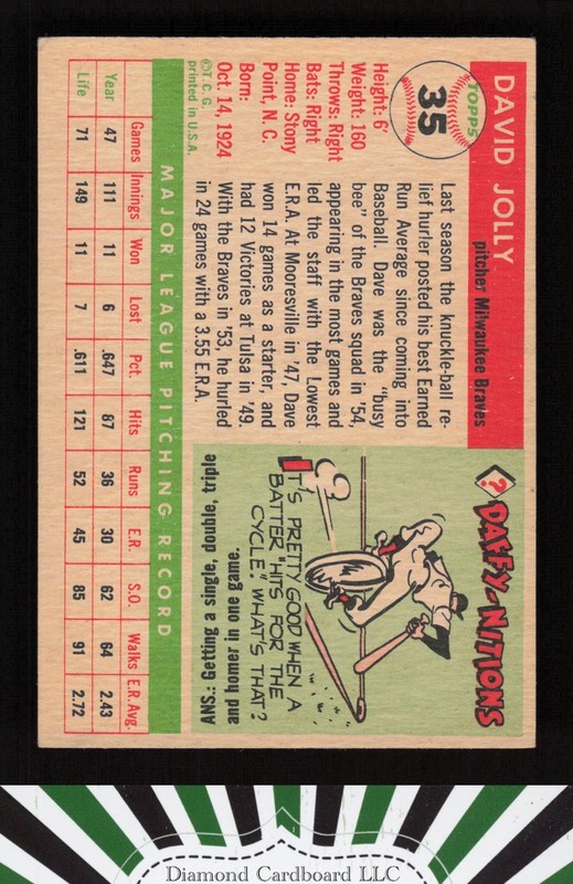 1955 Topps #35 Dave Jolly VGEX e, back