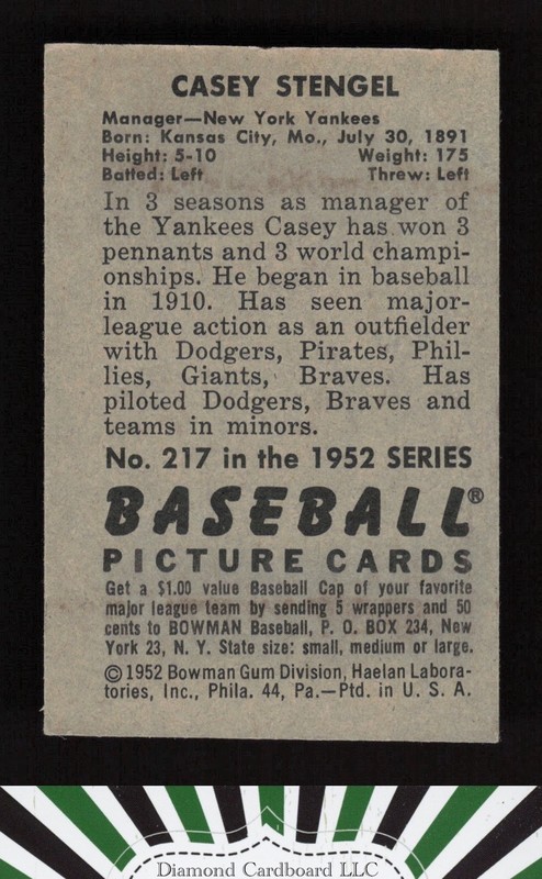1952 Bowman #217 Casey Stengel VGEX a, back