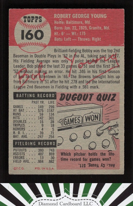 1953 Topps #160 Bobby Young : Bio uses white text VGEX f, back