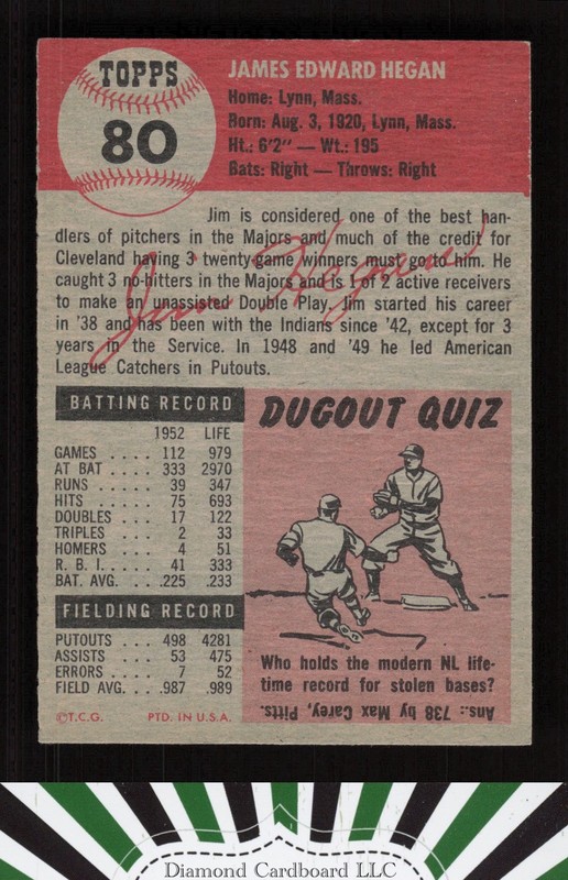 1953 Topps #80 Jim Hegan NM i, back