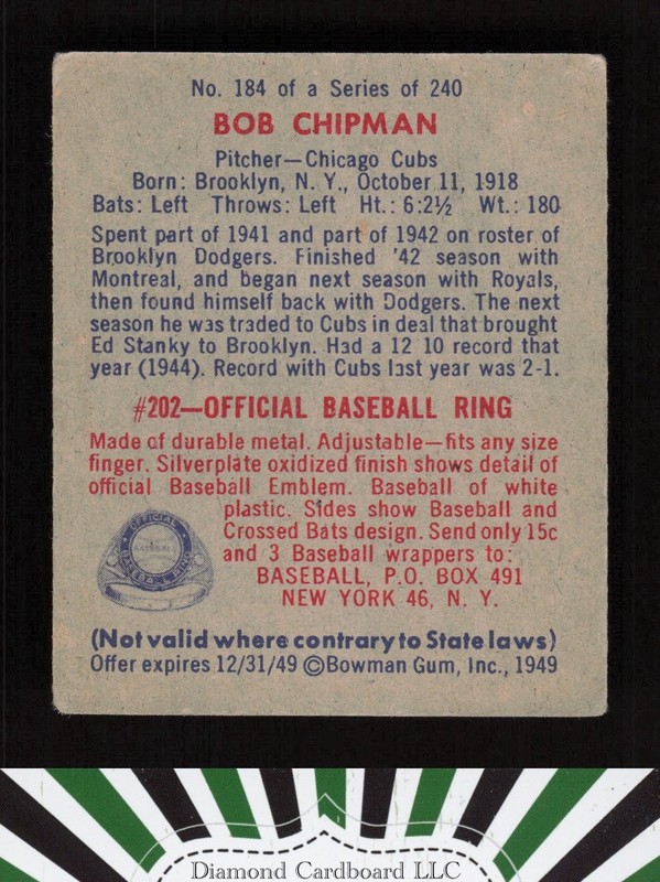 1949 Bowman #184 Bob Chipman VGEX a, back