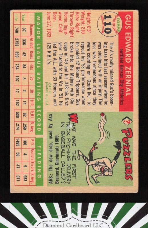 1955 Topps #110 Gus Zernial VGEX f, back