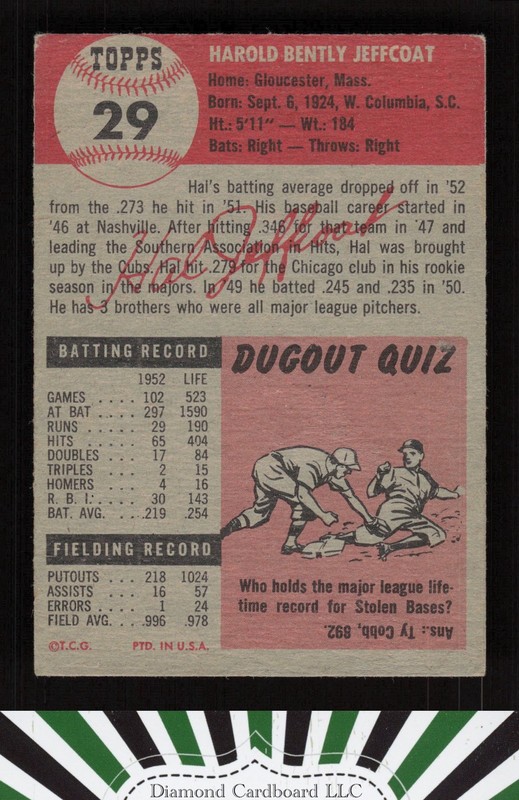 1953 Topps #29 Hal Jeffcoat VGEX c, back