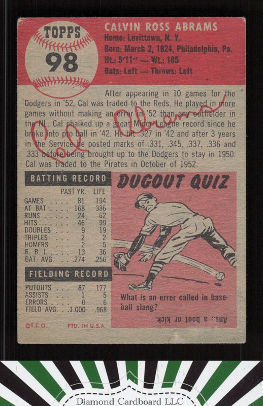 1953 Topps #98 Cal Abrams : Bio uses black text VG d, back