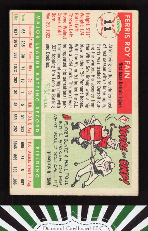 1955 Topps #11 Ferris Fain VGEX g, back