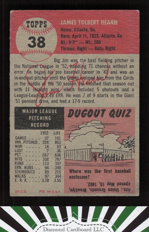 1953 Topps #38 Jim Hearn GD e, back