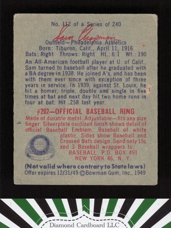1949 Bowman #112 Sam Chapman VGEX b, back
