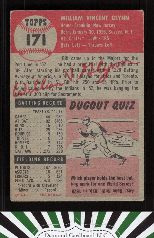 1953 Topps #171 Bill Glynn GD+ [CENTERED] b, back