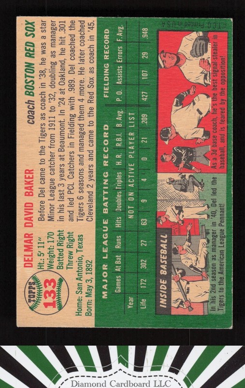 1954 Topps #133 Del Baker EX f, back