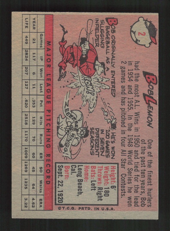 1958 Topps #2 Bob Lemon White Letters VGEX c, back