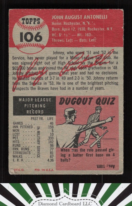 1953 Topps #106 John Antonelli : Bio uses white text FR b, back