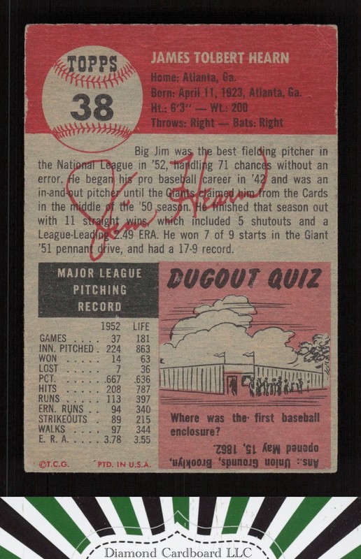 1953 Topps #38 Jim Hearn VG d, back