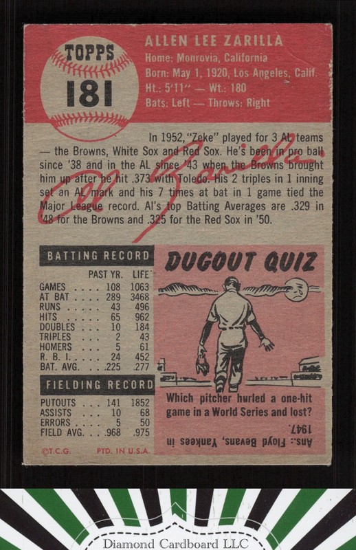 1953 Topps #181 Al Zarilla EX c, back
