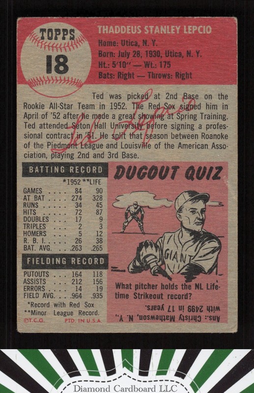 1953 Topps #18 Ted Lepcio GD b, back