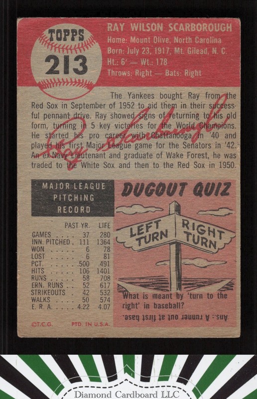 1953 Topps #213 Ray Scarborough VG a, back