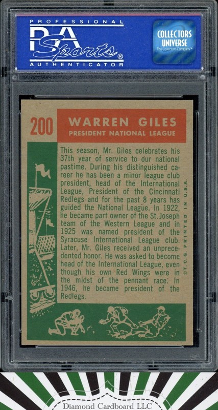 1959 Topps #200 Warren Giles PSA 8, back