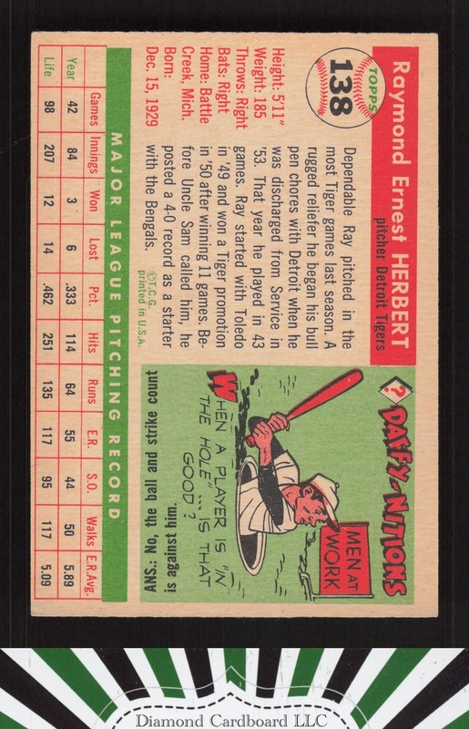 1955 Topps #138 Ray Herbert VGEX g, back