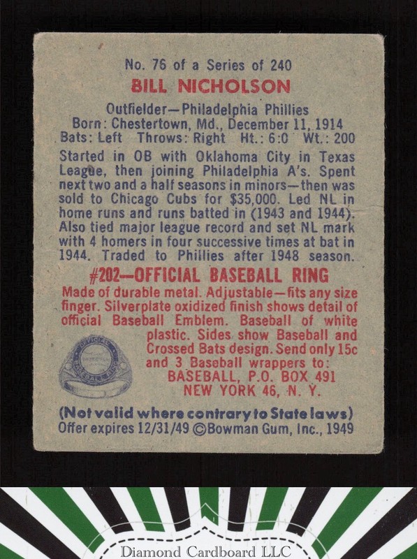 1949 Bowman #76 Bill Nicholson VG+ a, back
