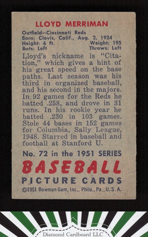 1951 Bowman #72 Lloyd Merriman VG, back