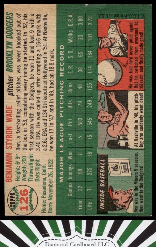 1954 Topps #126 Ben Wade VGEX h, back