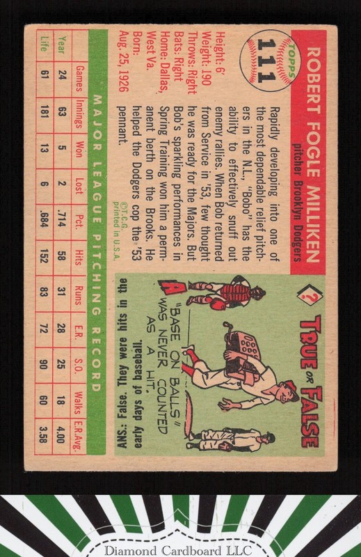1955 Topps #111 Bob Milliken VGEX f, back