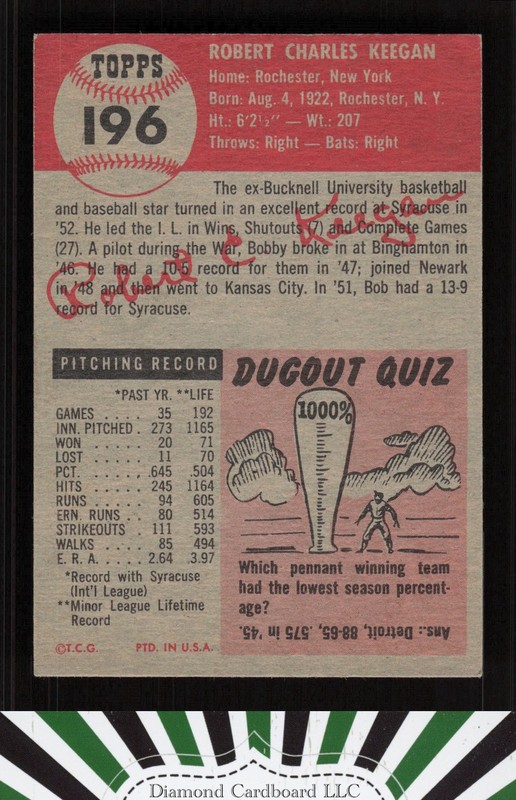 1953 Topps #196 Bob Keegan EX d, back