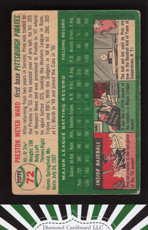1954 Topps #72 Preston Ward VG d, back
